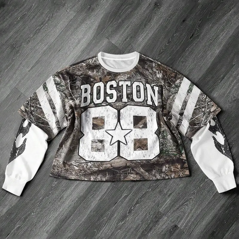 Men's Letter & Number Print 2 in 1 Drop Shoulder Camo Casual Sweatshirt, Regular Fit Casual Long Sleeve Round Neck Pullover for Fall & Winter, Men's Clothes for Daily Wear, Everyday Wear Sweatshirt Streetwear Casual Style