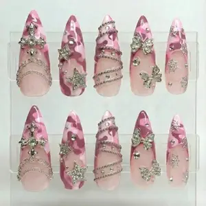 Cyber Princess Pink Camouflage Press On Nails Y2K Bling Gothic Cross And Butterfly Charms