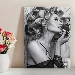 Elegant Curly-Haired Lady Canvas Art - Vintage Hair Salon Style, Frameless Wall Decor for Living Room, Bedroom, Office, Dining & Bar - Waterproof Printed Artwork, Unique Gift Idea, Perfect for Room Decor