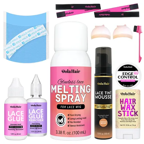 Dolahair Front Wig Install Kit for Adults - Haircare & Styling Set with Waterproof Strong-Secure Hold Lace Glue, Skin-Tone Tint Foam, Melting Spray, Foaming Edge Gel, Wax Stick, Mousse for Seamless Scalp Look