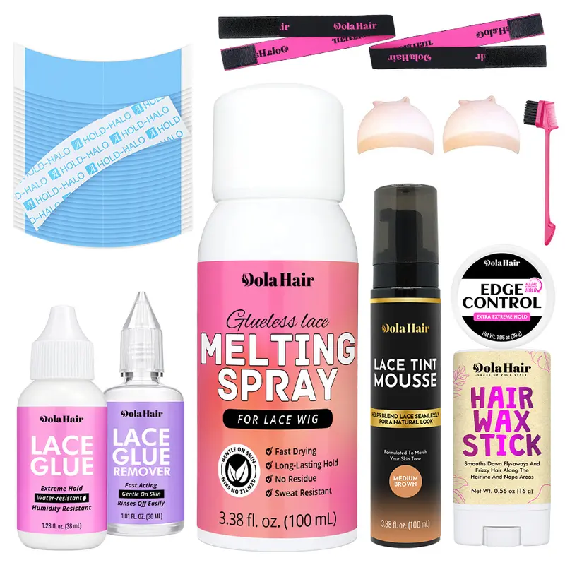 Dolahair Front Wig Install Kit for Adults - Haircare & Styling Set with Waterproof Strong-Secure Hold Lace Glue, Skin-Tone Tint Foam, Melting Spray, Foaming Edge Gel, Wax Stick, Mousse for Seamless Scalp Look