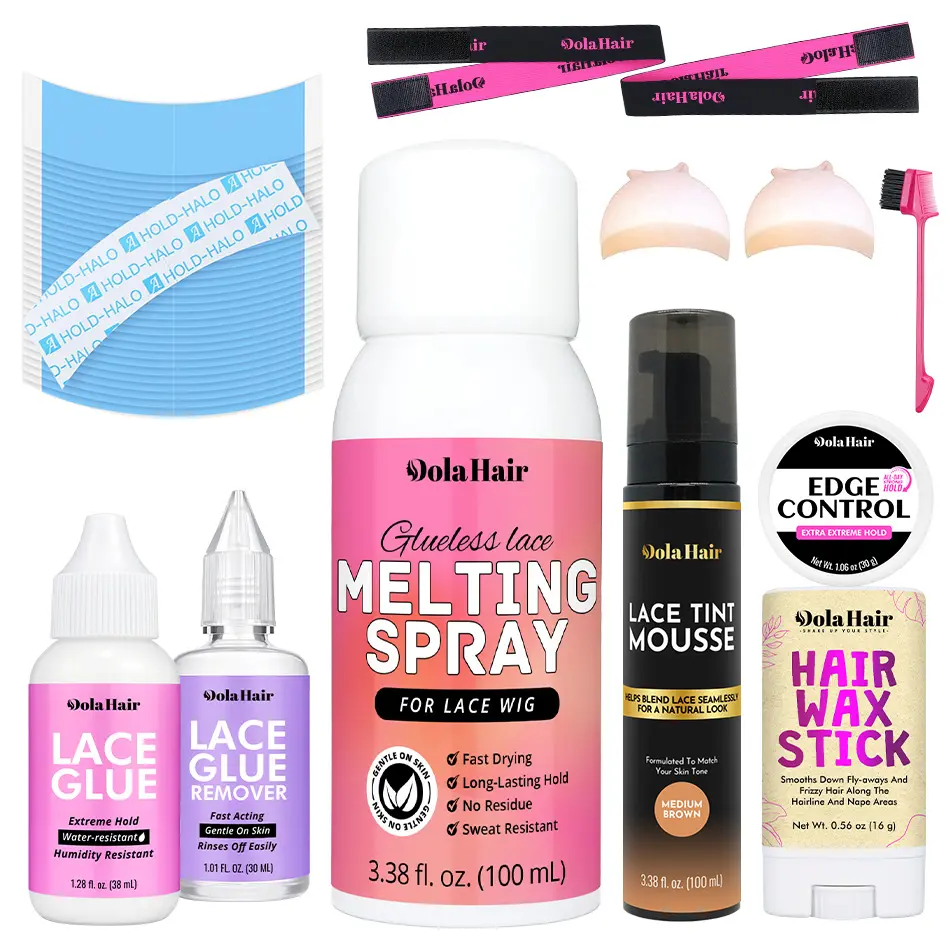 Dolahair Lace Glue Kit Lace Tint Foam Wig Install Kit For Front Wigs Melting Spray Waterproof Strong Hold Wig Glue Tint Foaming Edge Gel Wax Stick Kit