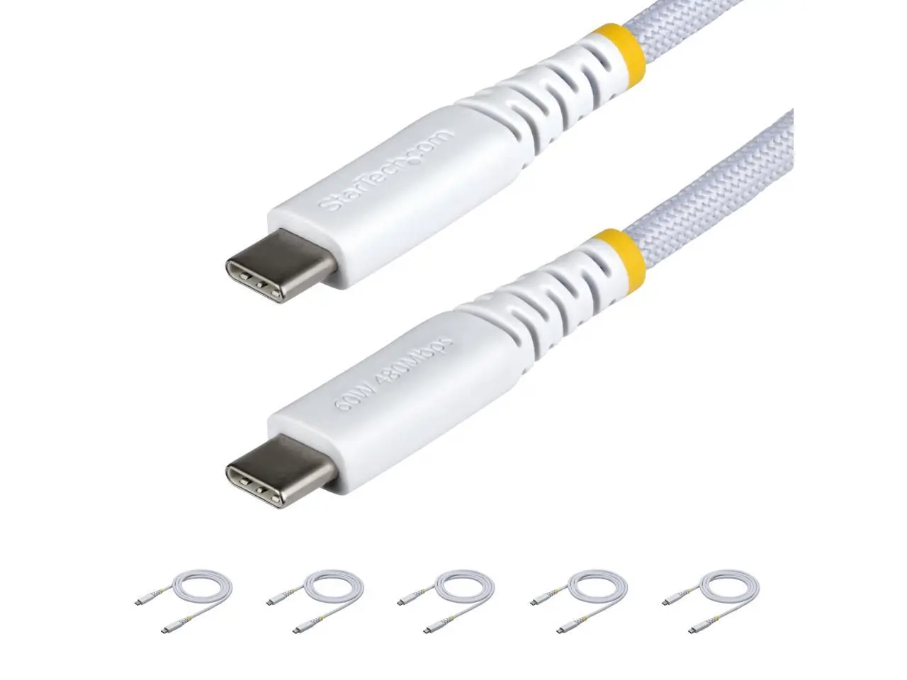 StarTech.com 5-Pack 3ft (91cm) White USB-C Charging Cable, 60W (3A) PD, Dual-Layer Braided Nylon/TPE Jacket, Rugged USB C Cord