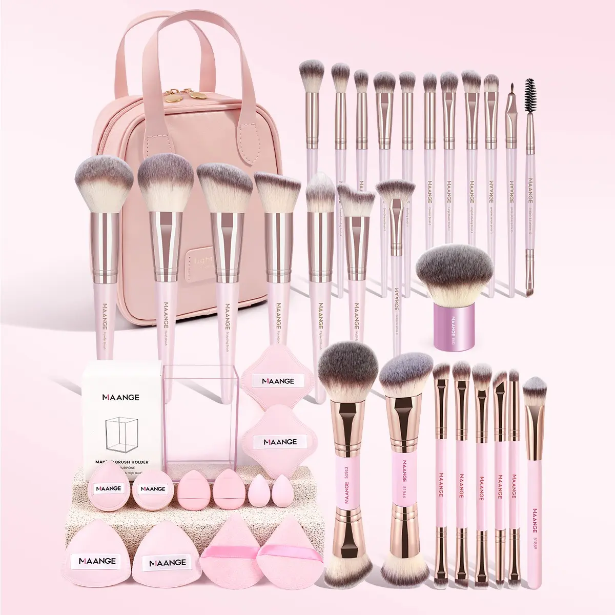 MAANGE 41pcs Makeup Tool Set, Cosmetic Tools, Makeup Tools Set Includes 27pcs Makeup Brushes + 12pcs Powder Puffs + Four-Sided Storage Cylinder + Handheld Makeup Bag, Foundation Brush Loose Powder Brush Blush Brush Eyeshadow Brush, Makeup Brush Kit