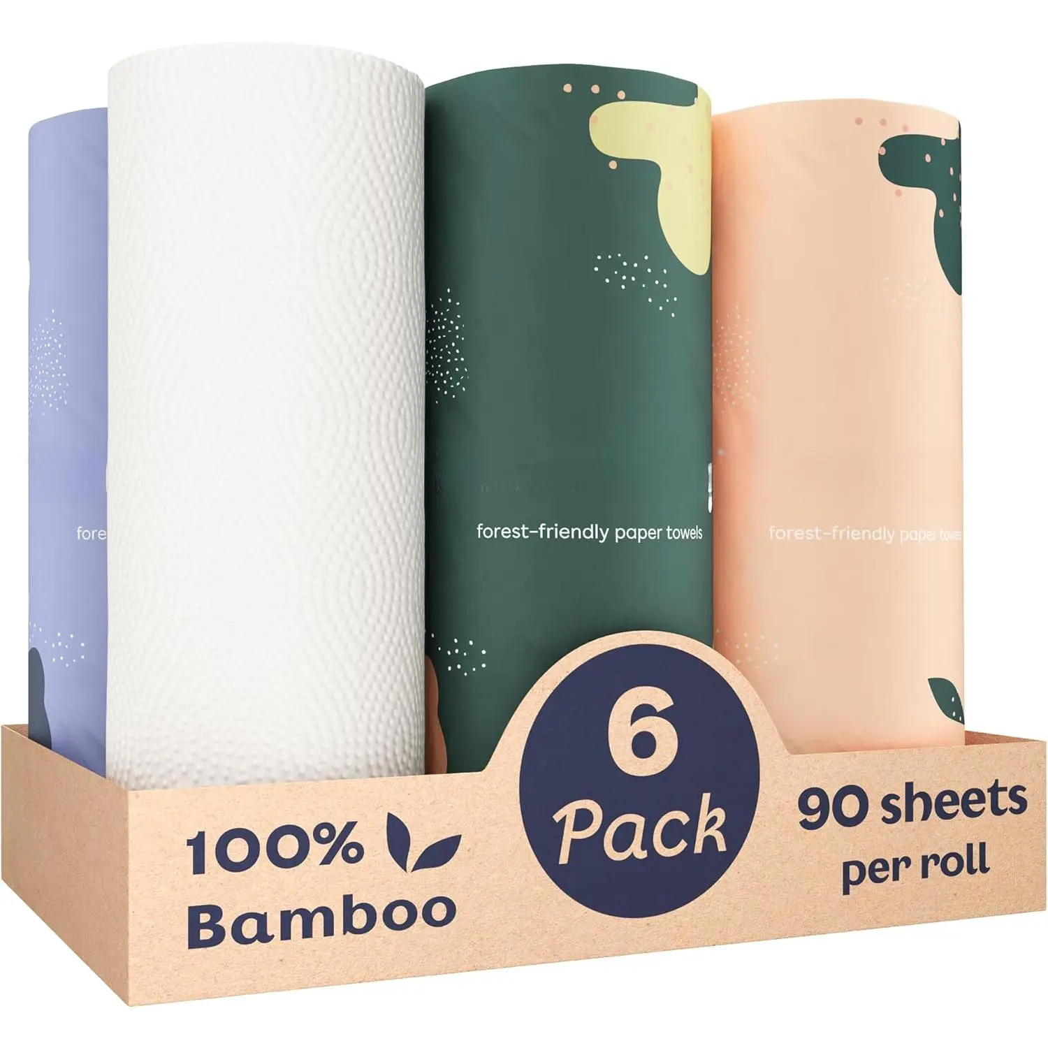 Bamboo Paper Towels - 6 Rolls, 2 Layers - Plastic-Free, Disposable Kitchen Paper Towels - Choose Size, Tree-Free, Compostable, Strong and Absorbent, Dye-Free