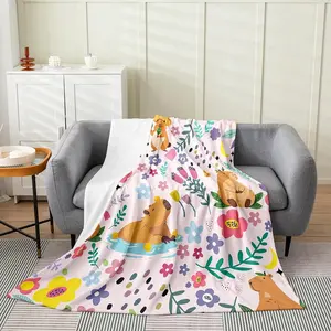 Floral Capybara Throw 50x60 inch Flannel Blanket for Girls,Cartoon Animal Throw Blanket for Kids Child,Lovely Flower Moon Floral Fleece Blanket,Groovy Style Pink Bed Blanket for Chair