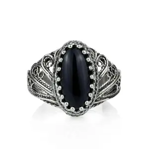 Filigree Art Black Onyx Gemstone Angel Design Women Silver Cocktail Ring
