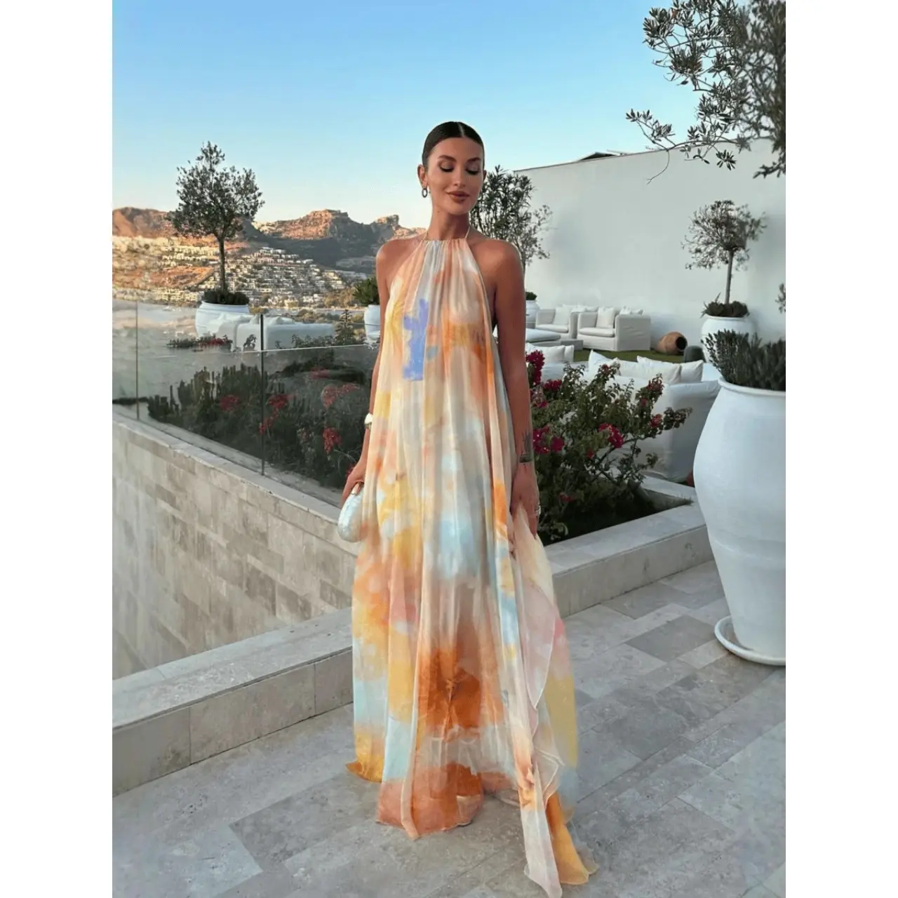 Tie Dye Chiffon Halter Neck maxi dress for Women, Backless Flowy A-Line summer dress, vacation dresses and Beach Dress for Resort, Cruise, Holiday and Sunset Party