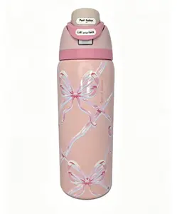 Owala 32oz Coquette Pink Bow 32oz FreeSip Water Bottle Insulated Stainless Steel Leak-Proof Travel & School Drinkware Flasks Portable Tumbler Bottled Mug Kids Reusable Wide Mouth Leakproof Glass Juice day gift Straws