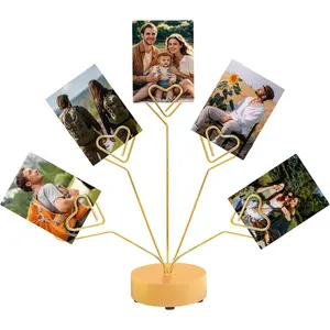 Desktop Heart-Shaped Photo Tree Style Picture Frame Holder 5-Branch Round Base Desk Display Stand for Christmas Wedding Birthday Party Gift (Golden)