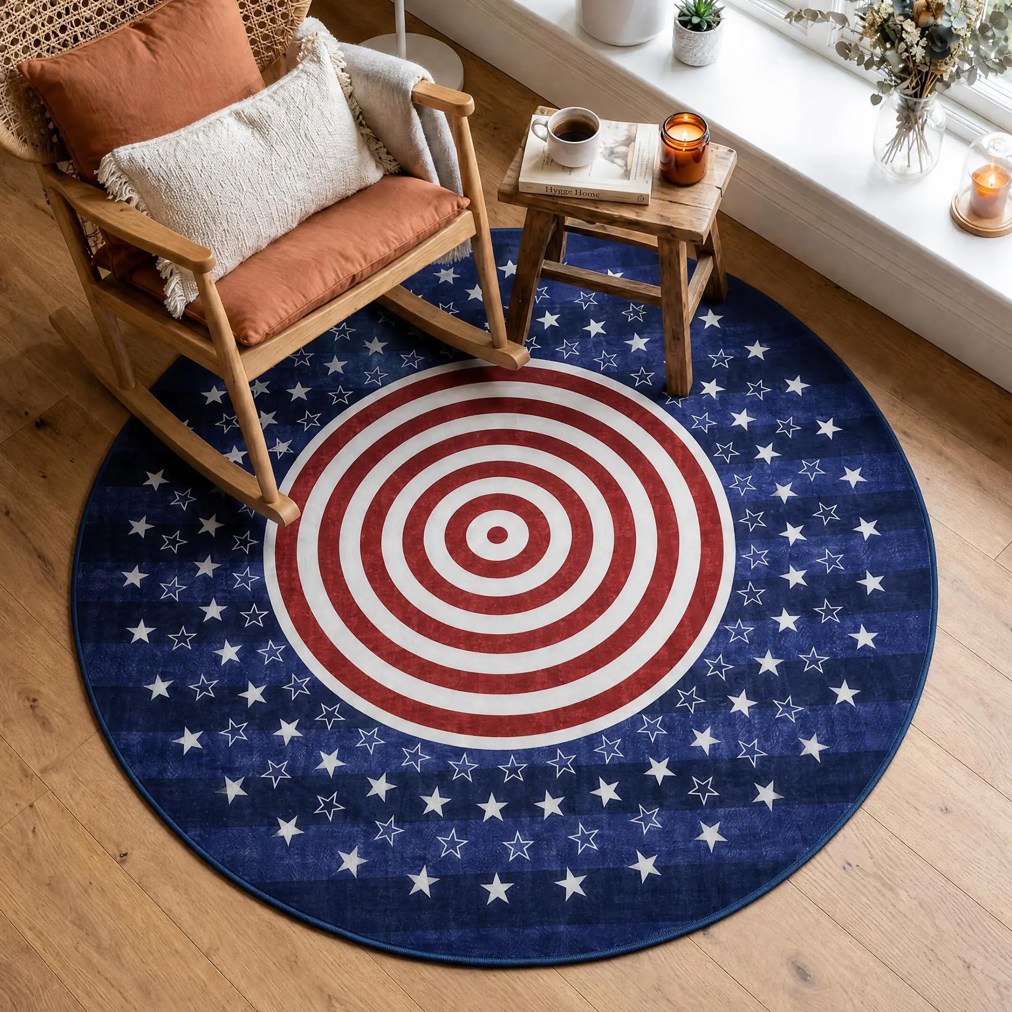 4ft Round American Flag Area Rug, Machine Washable USA Patriotic Carpet, Non-Slip Circular Floor Mat for Living Room, Bedroom, Dining Table, Office, Home Decor, Blue Red Bullseye