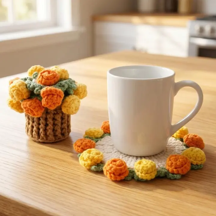 Handmade Crochet Rose Bouquet That Turns Into Coasters, Knitted Flower Cup Mat Set with Basket, 2 in 1 Cute Aesthetic Room Decor, Unique Birthday Gift for Her Mom Grandma, Creative Desk Decor, Boho Home Decoration, Yarn Woven Floral Ornament