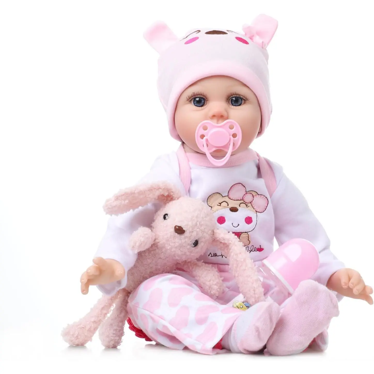 Realistic Reborn Baby Doll Girl 22", Sweet Real Life Like Bebes de Silicona Reales Handmade, Lifelike Reborn Doll Soft Vinyl Weighted Gift Set with Birth Certificate & Feeding Kit Toys for Kids Age 3+ Rabbit
