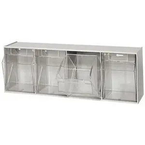 Quantum Storage Systems 4 Compartment Gray Small Parts Tip Out Stacking Bin Organizer 23-5/8" Wide x 8-1/8" High x 6-5/8" Deep, Polystyrene Frame, 5-5/8" Bin Width x 7-1/2" Bin Height x 5" Bin Depth QTB 304 GRAY