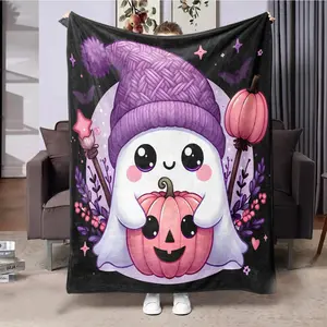 Halloween Themed Cartoon Ghost & Pumpkin Pattern Blanket, 1 Count Soft Warm Throw, Air-conditioned Room Blanket, Warm Nap Blanket for Home Office Travel