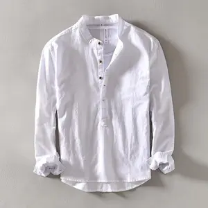 Cotton and linen men's casual shirt slim fit solid color stand up collar pullover long sleeved shirt