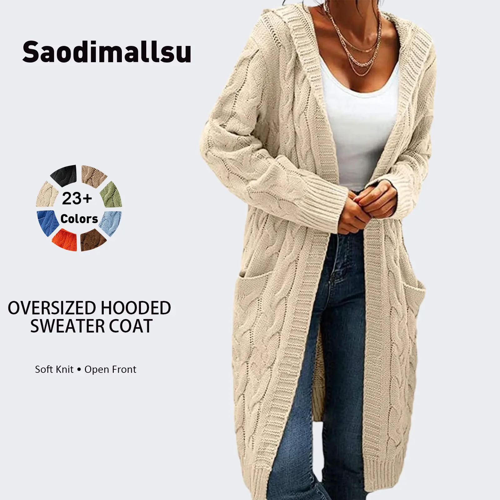 Saodimallsu Women's Cardigan, Oversize Chunky Cable-Knit Hooded Sweater Coat, Elegant Knitwear with Excellent Stretch, Baggy, Lo, Work, Casual, Acrylic, Long Sleeve, Oversized, Lady, Knitting, Tops