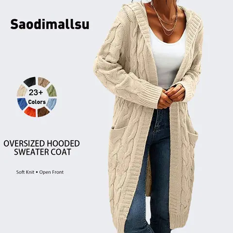 Saodimallsu Women's Casual Oversized Cable Knit Acrylic Long Sleeve Hooded Open Front Cardigan - Fit All-Seasons Warm Basic Tops, Lightweight Solid Color Knitwear for Women