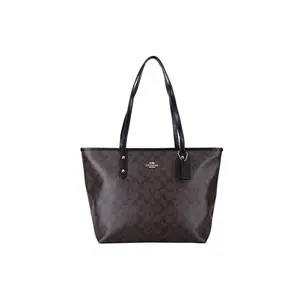 COACH City Zip Tote 30 Women's Large Top-Zip Canvas Tote Bag in Brown and Black
