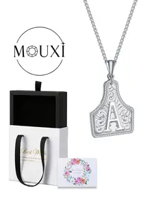 Silver Color Cow Tag Necklace with Initial Letter, Western Leather Belt Buckle, Unisex Cowboy Hippie Country Jewelry Gift Boxed