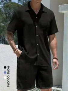 Men's Textured Pleated Short Sleeve Shirt, Solid Color Vintage Pocket Design Button-Up Top, Stylish Casual Wear for Men, Loose Fabric
