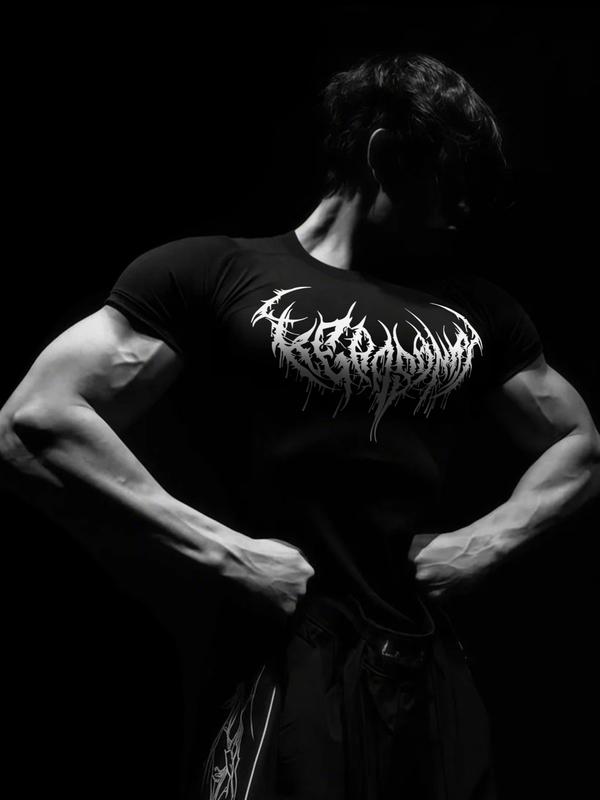 Men’s 2 Pack Gothic Workout T-Shirts, Cool Print Design, Stretch Fit Compression Shirts for Intense Training, Polyester Blend, Black White Set, Ideal for Gym, Strength Training, Streetwear & Casual Wear