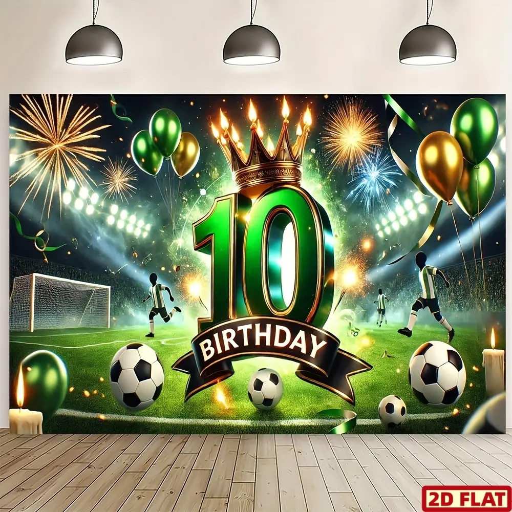 2D Flat Decorative Banner, Party Decorations Banners, 1pc Soccer-Themed 10th Birthday Party Backdrop - Polyester Fabric with "Happy Birthday" Banner, Football Field Design, Lightweight Under 75gm², For Indoor Decor, Birthday Party Decorations