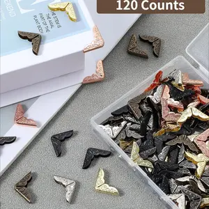 120 Counts Vintage Metal Book Corner Protectors – Antique Brass Decorative & Reinforcing Corners for Journals, Albums & Hardcover Books