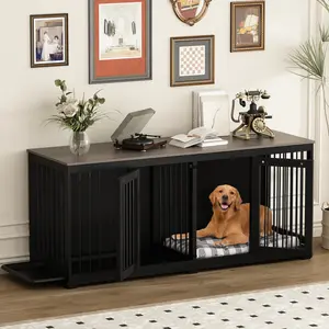 FUFU&GAGA Large Dog Crate Furniture, 70.9" Wooden Crate Kennel with Removable Tray and Divider, XXL Heavy Duty Dog Crates Cage Furniture