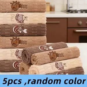 5pcs Teacup Embroidered Dishcloths, Quick-Dry Cleaning Rags, Thickened Large Kitchen Towels, Soft and Breathable, Bathroom Hand Towels, Car Wiping Cloths, Tableware and Glass Cleaning Cloths, Multi-functional Multi-purpose Square Towels