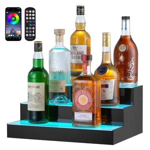 LED Lighted Liquor Bottle Display Bar Shelf With RF Remote Control And App Enabled Lighting, 16-Inch Wide, Three-Step Adjustable Shelf, Ideal For Home Bar Organization Of Whiskey, Wine And Spirits Display