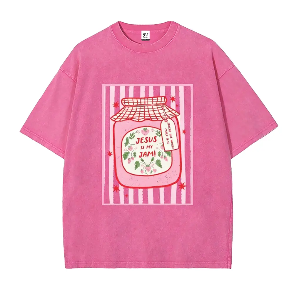 Breathable Short-Sleeve Casual Streetwear Christian Top, Pink Washed "Jesus Is My Jam Strawberry Jam Jar" Graphic Tee for Making His Mercy Known, Shortsleeve, Tshirt, Fabric, Printed, Unisex, Style, Clothes