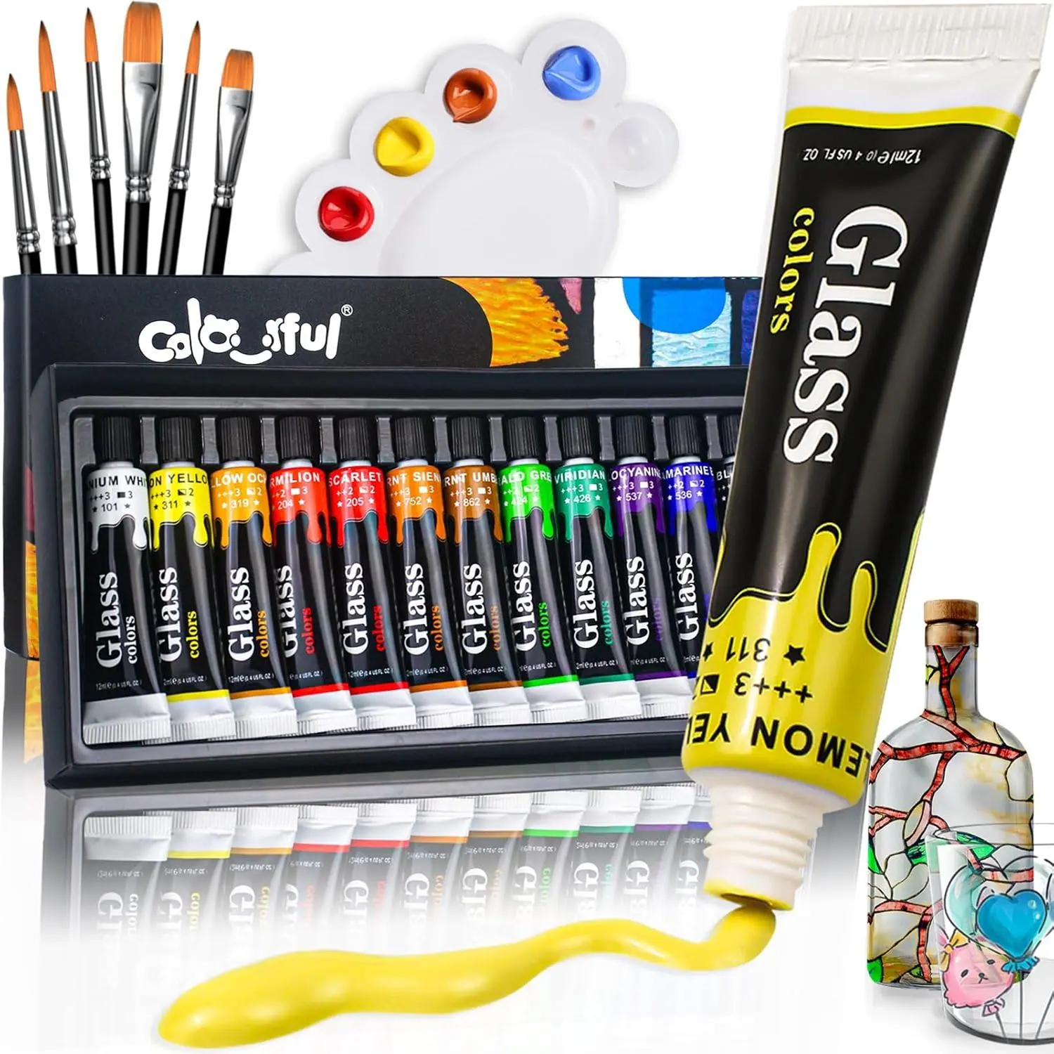 Acrylic Glass Paint Set, 1 Box 12/24/36 Colors 12ML Paint with 1 Count Palette & 1 Count Brush, Arts & Crafts Supplies, Art Materials, DIY Painting Supplies for Home School, Painting Set