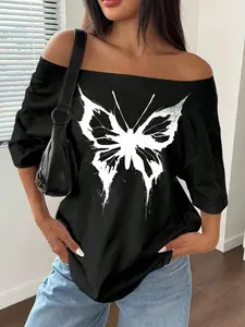 Women's Summer Short Sleeve Asymmetrical Shoulder Top, Butterfly Print Loose-Fitting Casual Shirt, Comfortable Wardrobe Essential, Womenswear
