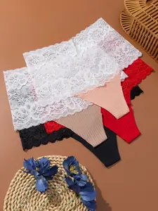 Women's Simple Striped Lace Patchwork High-Waisted Thongs, Transparent Floral Sexy Lace Underwear, Breathable Lightweight Seamless Everyday Wear, Womenswear, 4 Pack
