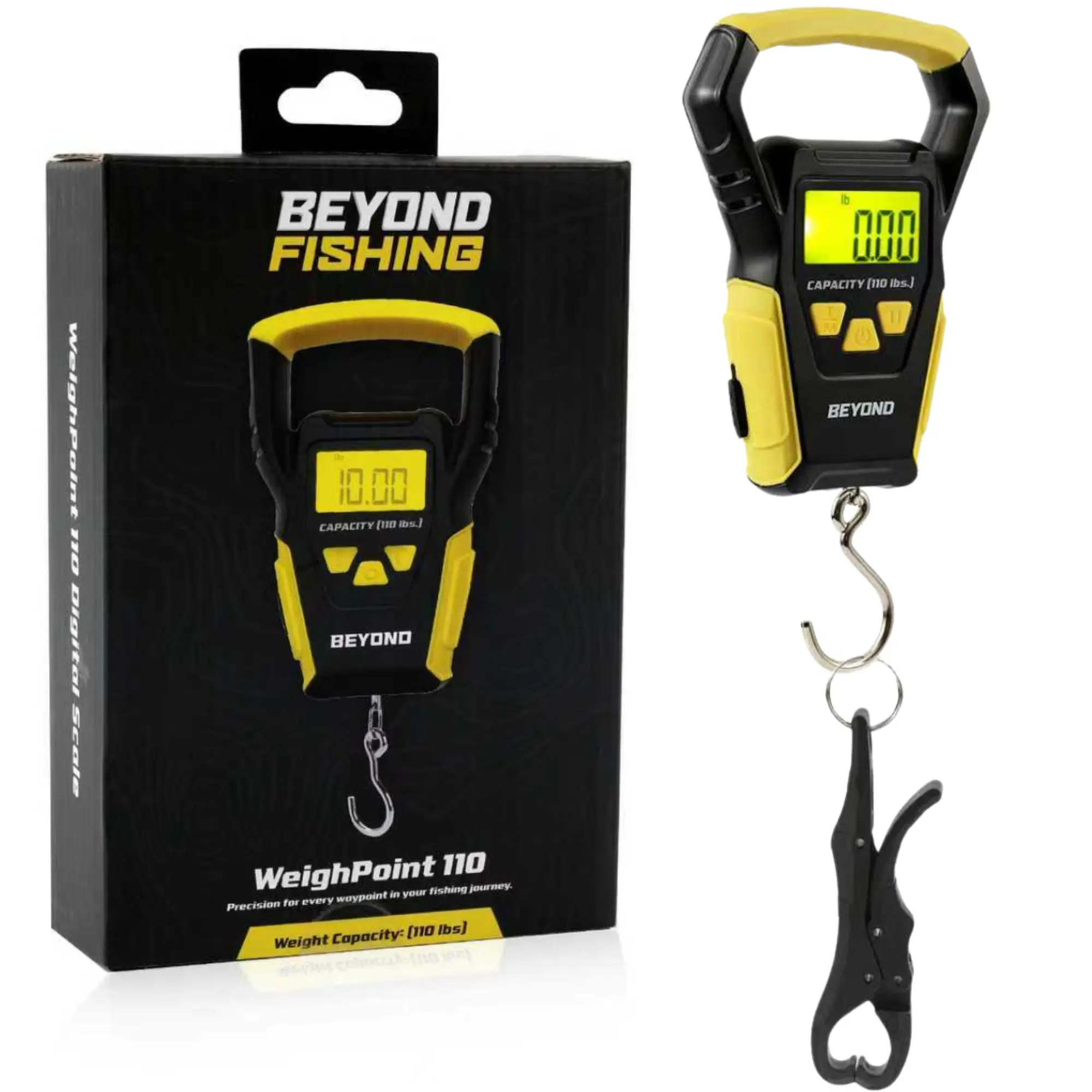 Beyond Braid Digital Fishing Scale with Built-in Tape Measure - 110lbs Max Capacity, LCD Digital Display, 3-Unit Switch (lb, oz, kg), Ergonomic Grip, Battery-Powered Portable Weigher for Anglers
