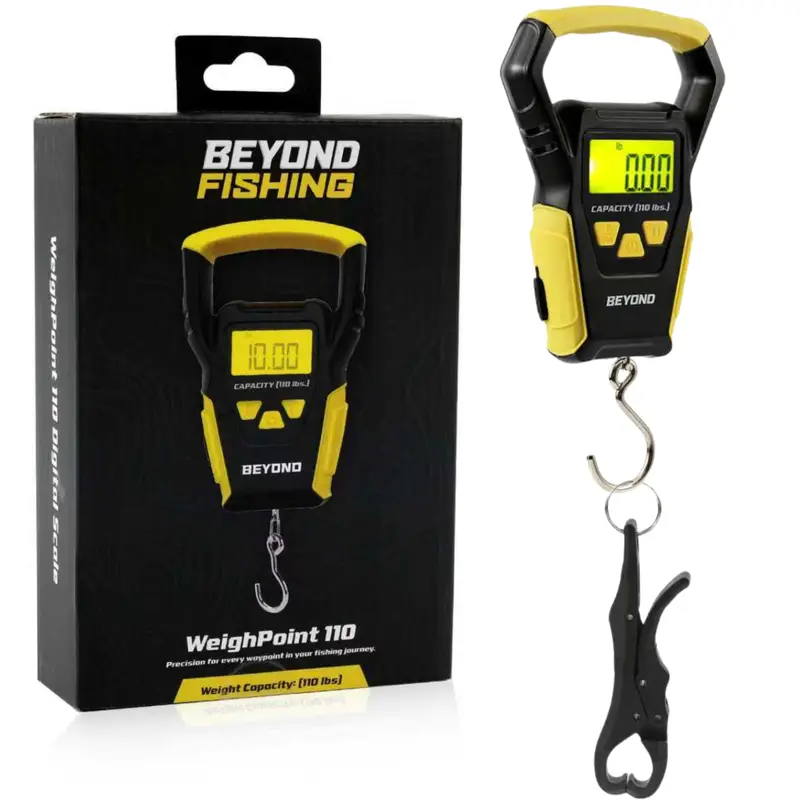 Beyond Braid Digital Fishing Scale with Built-in Tape Measure - 110 lbs Max Capacity, LCD Display, 3-unit Switch (lb, oz, kg), Ergonomic Grip, Batteries, Heavy-Duty Portable Weigher for All Seasons Fisherman Accessories