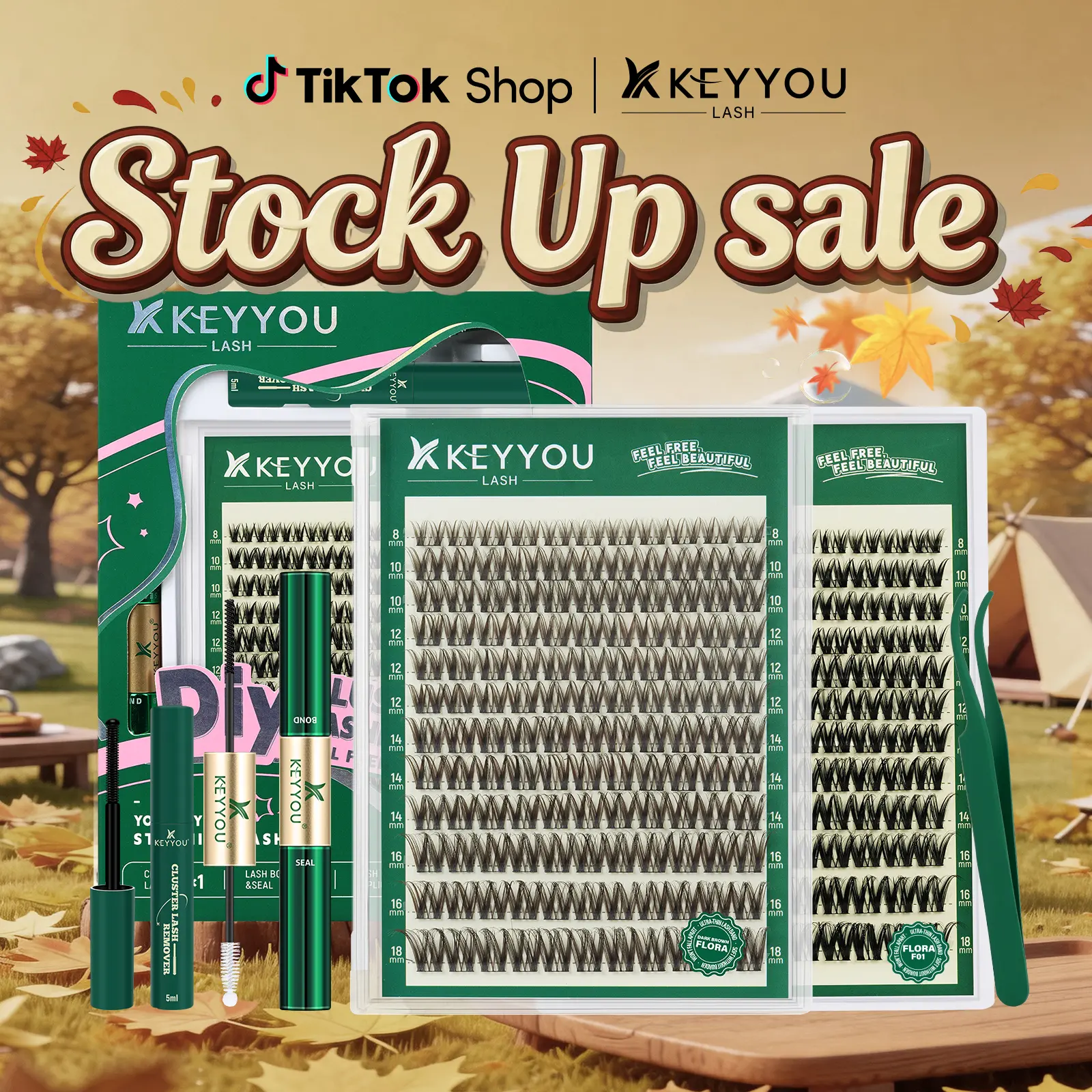 KEYYOU Brown Flora Lash Kit | Kim & Kylie D curl | Spider Lash | Volume Boosting | Waterproof | Long-Lasting | DIY Extensions | 132PCS Cluster Lashes | Soft | Easy DIY At Home | Ultra Thin Band #September Stock Up