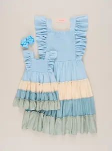 Mom & Me Tiered Color Blocked Blue Dress