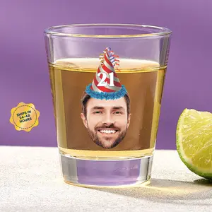 Custom Birthday Shot Glass with Face & Age – Personalized Party Hat Design, Funny Gift for 21st, 30th, 40th & Milestone Birthdays