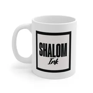 Shalom Ink 11oz Ceramic Mug - White with Bold Black Logo, Microwave & Dishwasher Safe, Comfortable C-Handle, Lead & BPA Free, Food Safe Materials