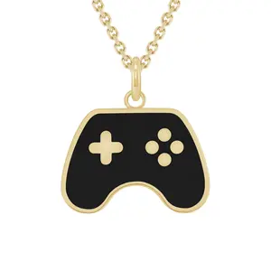 Gaming Controller Pendant Necklace in Solid Gold, Black Enamel
