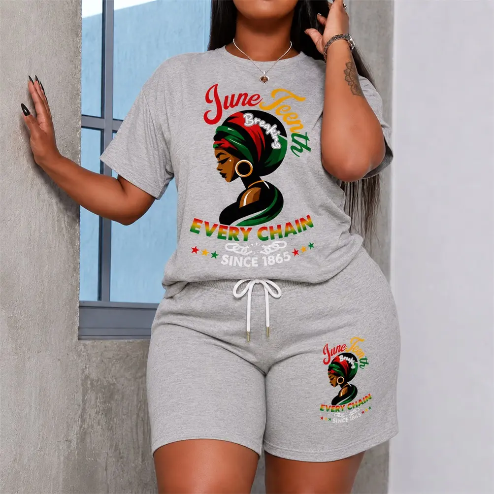 Women's Juneteenth Festive Atmosphere Graphic Short Sleeve T-Shirt And Shorts Set, Casual Summer Two-Piece Outfit With Crew Neck Top And Drawstring Waist Shorts For Daily Wear