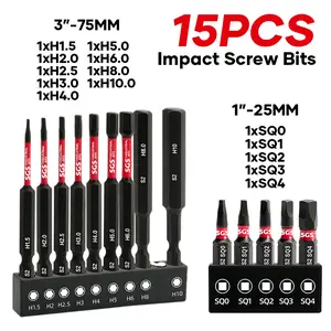 15 Pcs Industrial Grade Internal Hex/Square Screwdriver Bits Set- S2 Alloy Steel Anti-Slip Magnetic Drill Bits, Impact And Wear-Resistant, Universal 1/4" Hex Shank With Black Rust-Proof Base, Fit For Woodworking, Handicrafts, Manufacturing Tools