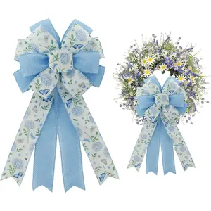 20.87 Inch Large Spring Bows for Easter Decor, Hydrangea & Butterfly Blue Burlap Ribbon Bow for Indoor Outdoor Mantel, Staircase, Wreath, Home Holiday Ornament (Blue Hydrangeas)