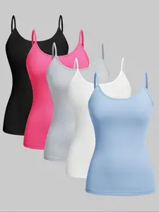 Summer Sleeveless Adjustable Strap Basic Tank Top Set, Dopamine Color Pure Color Slim Fit Outerwear Inner Layer Shirt Five Piece Set Womenswear Outfit
