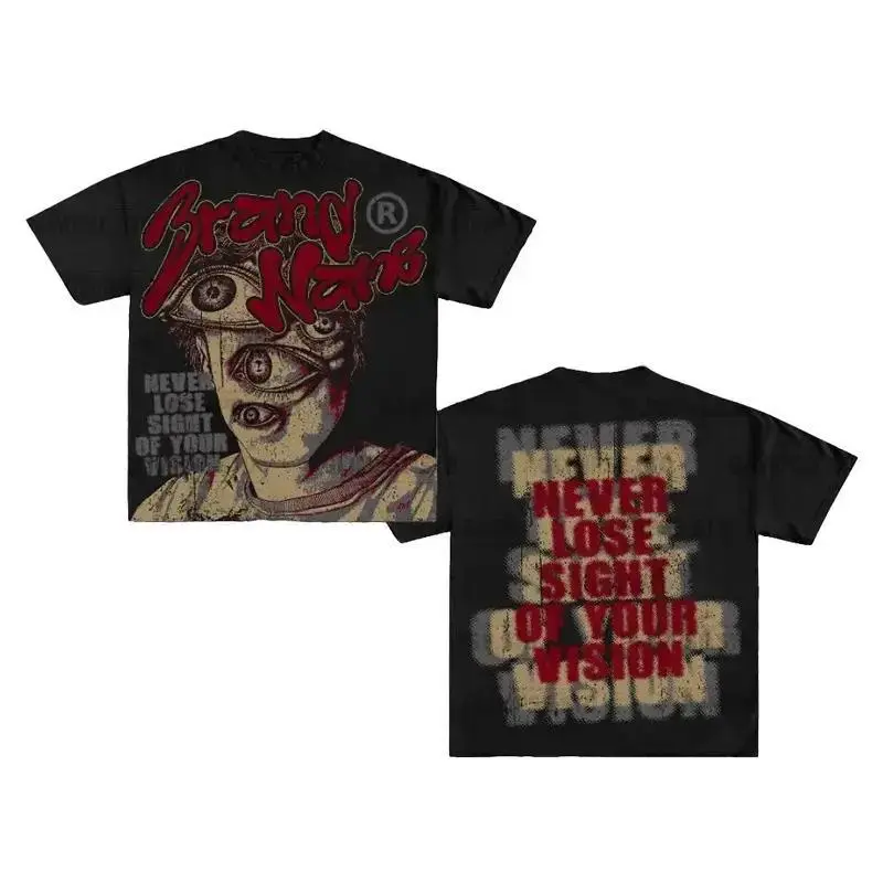 [tiktok shop deals] Y2K Vintage Washed Graphic "Never Lose Your Vision" Printed Tshirt, Casual Retro Faded Cotton Crewneck, Menswear Classic Soft Graphic Tee Tops, White