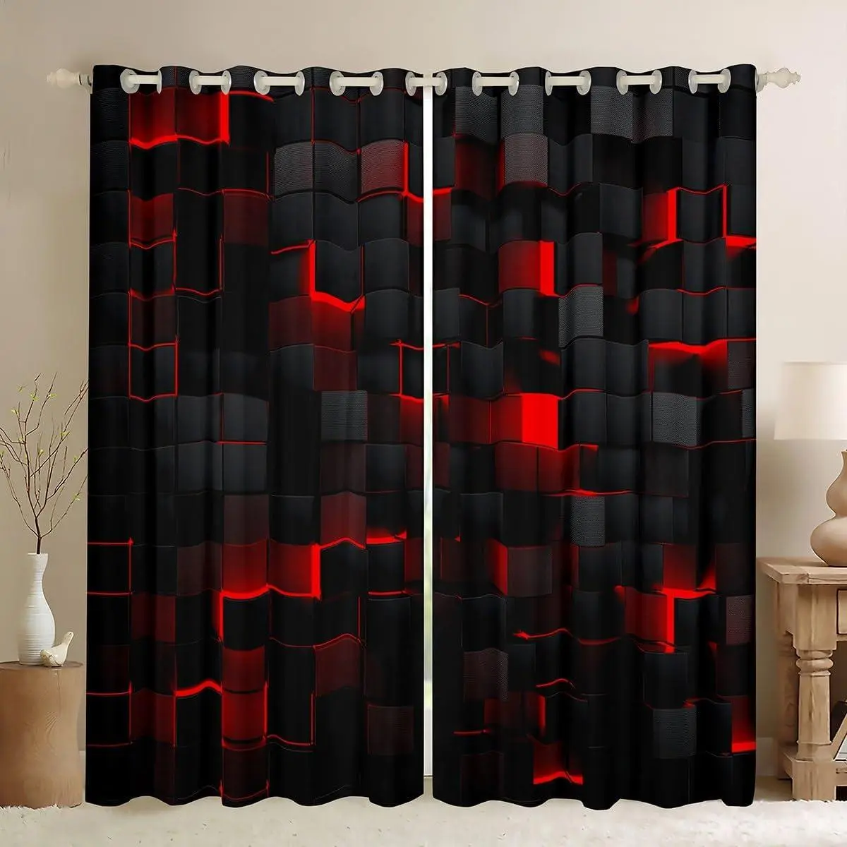 Red and Black 50% Blackout Curtains for Kids Boys Teen Gaming Room Neon Geometric Checkered Window Curtains Abstract Square Grid Plaid Check Window Drapes 2 Panels