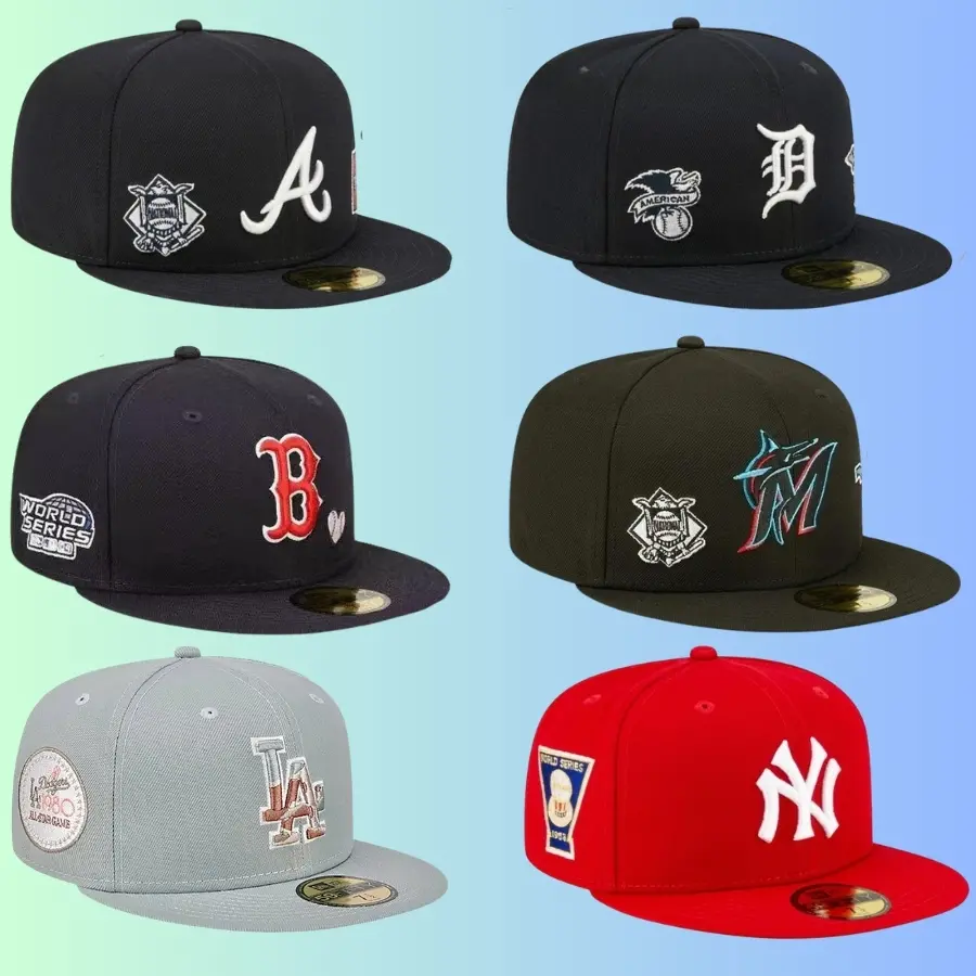 New Era MLB 59FIFTY Fitted Baseball Cap – Atlanta Braves, Detroit Tigers, Boston Red Sox, Miami Marlins, Los Angeles Dodgers LA & New York Yankees NY, Team Logo Embroidery, World Series Patch, Flat Brim, Unisex Streetwear Hip Hop Fan Hat