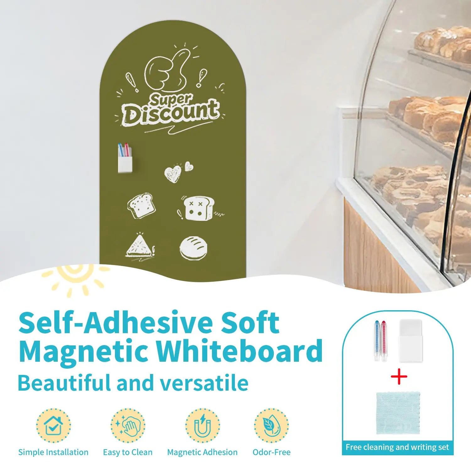 Self-Adhesive Soft Magnetic Whiteboard for Painting and Learning, Includes 1 Storage Box and 2 Crayons, Ideal for Home Offices and Classrooms